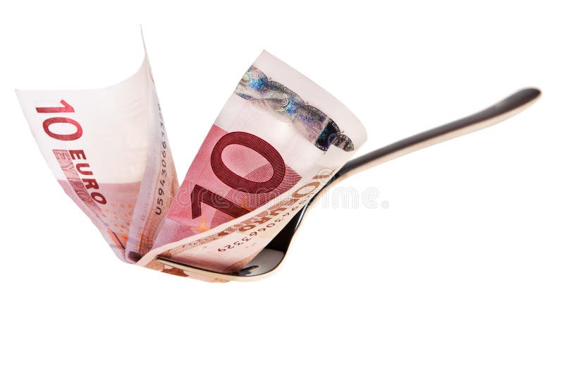 Ten euro banknote and fork.