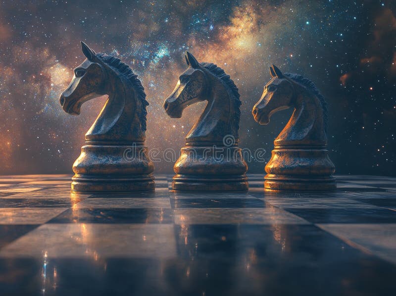 Ten obraz nazywa się Nocna Fotografia : Ornate Marble Szachy Rycerze Biały Brązowy fotografia stock