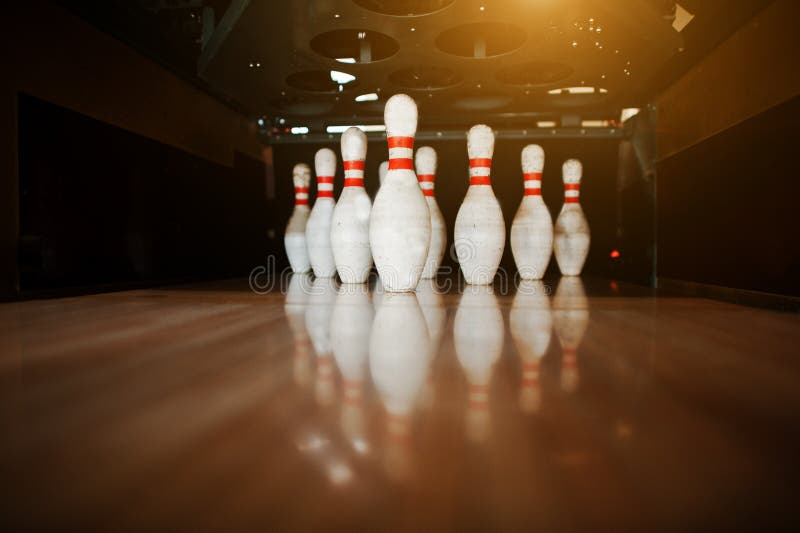 Ten White Pins in a Bowling Alley Lane Stock Photo Image of shape