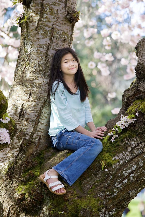 Ten Year Old Girl Sitting in Cherry Tree Stock Image Image of tree