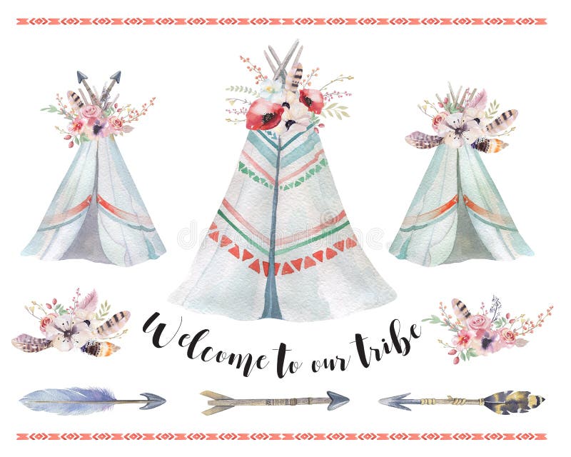 Tenda tribal da aquarela Handdrawn, barraca isolada do boho ilustração stock Tenda tribal da aquarela Handdrawn, barraca isolada do boho ilustração stock