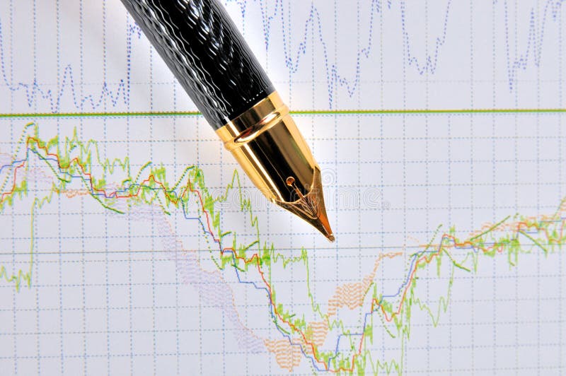 Stock chart statistical chart with a fountain pen, shown as analysis for stock or currency marketing and trend, or related business and finance concept. Stock chart statistical chart with a fountain pen, shown as analysis for stock or currency marketing and trend, or related business and finance concept.