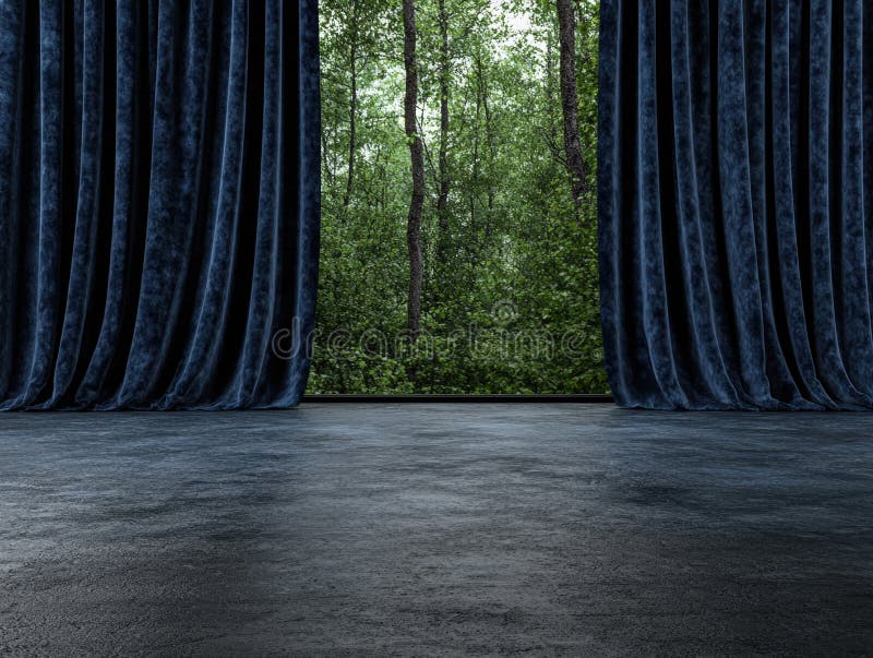 Tende blu drammatiche incorniciano una vista verde di foresta lussuosa. illustrazione vettoriale