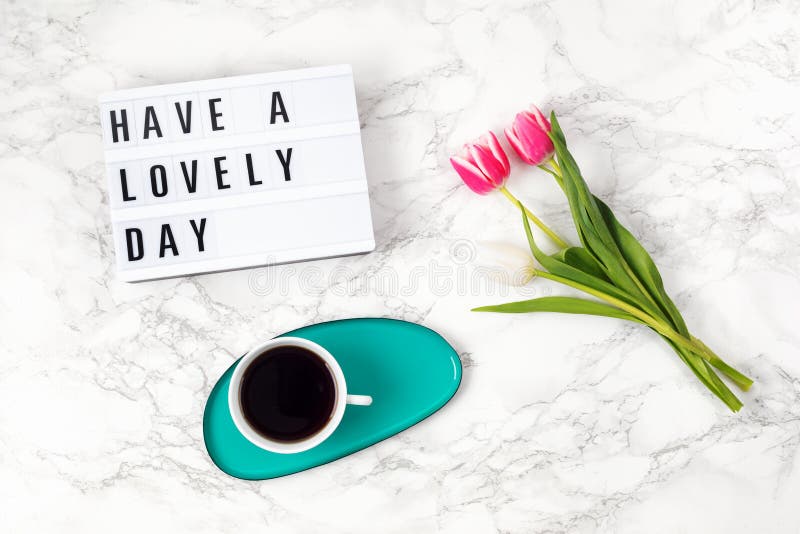 Tendedero plano con caja de luz con texto tienen un día encantador y taza de café. motivación en medios sociales cita blog femenin