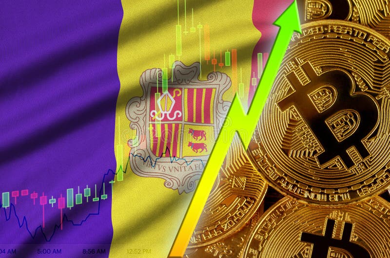 Tendencia cada vez mayor de la bandera y del cryptocurrency de Andorra con muchos bitcoins de oro libre illustration Tendencia cada vez mayor de la bandera y del cryptocurrency de Andorra con muchos bitcoins de oro libre illustration