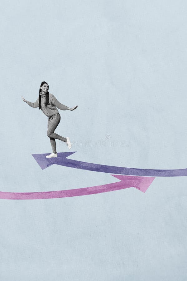 Tendenza di collage 3D disegno poster composito di giovane donna sorridente punte di frecce di successo ambizione target aspirazio fotografia stock
