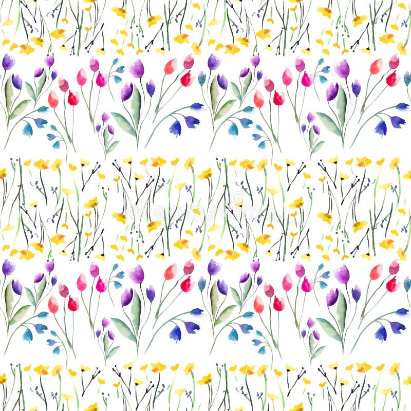 Tender delicate beautiful bright sophisticated spring colorful textile yellow wildflowers and red pink violet tulips and blue blu