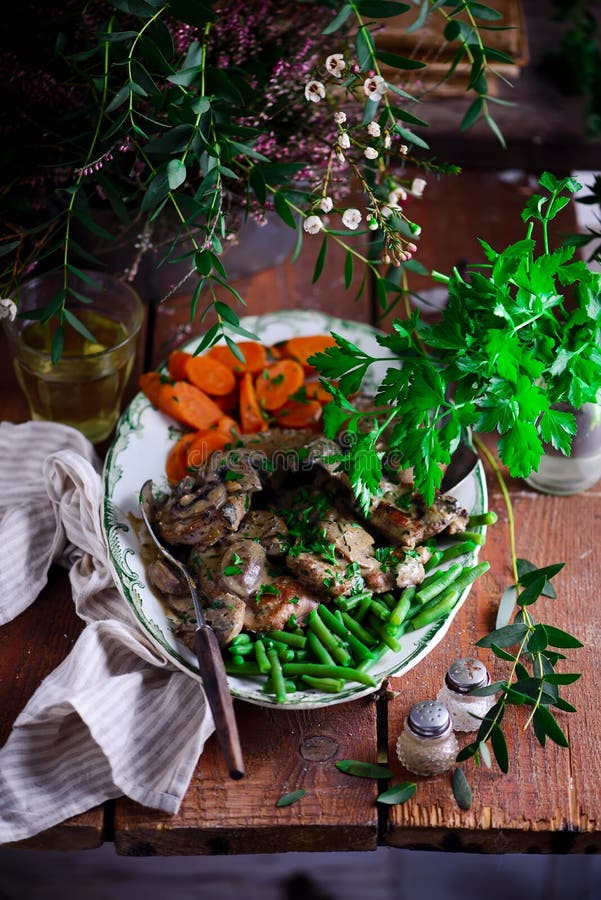 Tender Pork Marsala with Vegetables..selective Focus Stock Photo