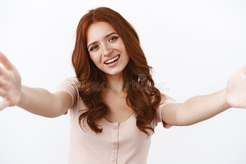 Tender Redhead Woman With Lovely Smile Inviting Give Hug Cute Ginger