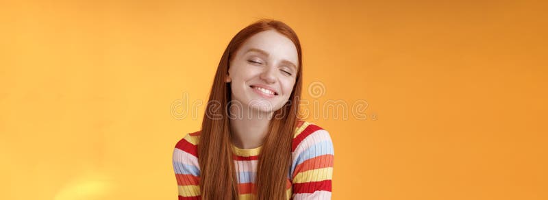 Tender Sensual Dreamy Cute Redhead Feminine Girl Dreaming About Tasty Slice Pizza Close Eyes 