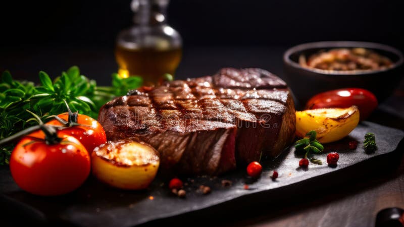 Tender steak with grill marks, surrounded by roasted potatoes and fresh cherry tomatoes, elegantly arranged on a slate backdrop, excellent for food photography and culinary presentations. Excellent quality beef stock images, royalty-free photos and pictures