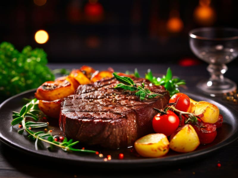 Tender steak with grill marks, surrounded by roasted potatoes and fresh cherry tomatoes, elegantly arranged on a slate backdrop, excellent for food photography and culinary presentations. Excellent quality beef stock images, royalty-free photos and pictures