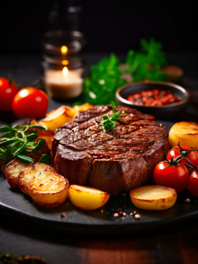 Tender steak with grill marks, surrounded by roasted potatoes and fresh cherry tomatoes, elegantly arranged on a slate backdrop, excellent for food photography and culinary presentations. Excellent quality beef stock images, royalty-free photos and pictures