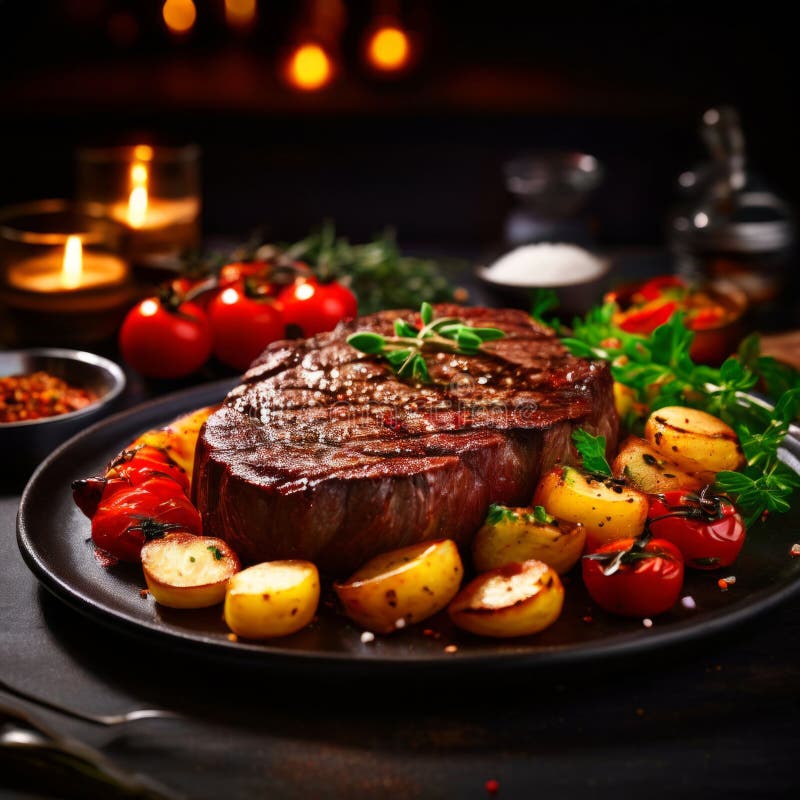 Tender steak with grill marks, surrounded by roasted potatoes and fresh cherry tomatoes, elegantly arranged on a slate backdrop, excellent for food photography and culinary presentations. Excellent quality beef stock images, royalty-free photos and pictures