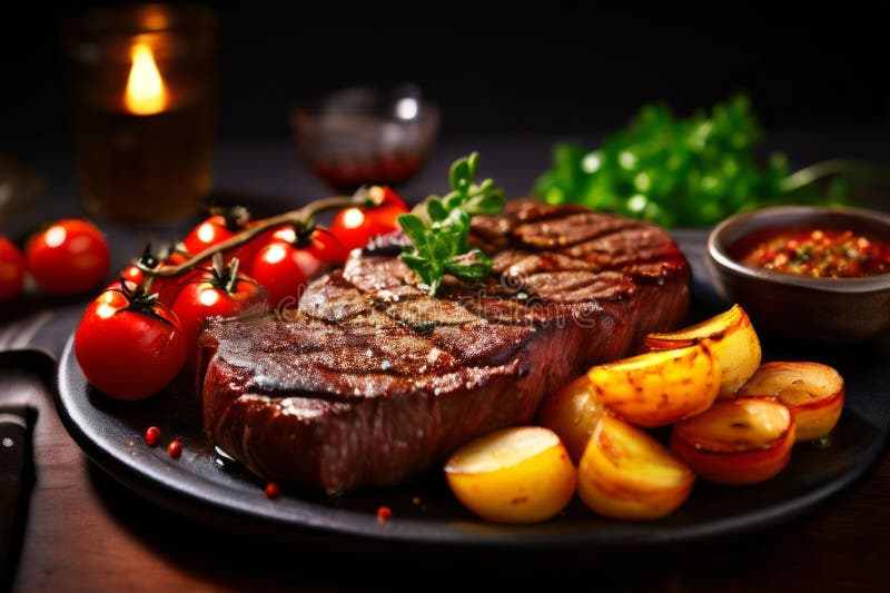 Tender steak with grill marks, surrounded by roasted potatoes and fresh cherry tomatoes, elegantly arranged on a slate backdrop, excellent for food photography and culinary presentations. Excellent quality beef stock images, royalty-free photos and pictures