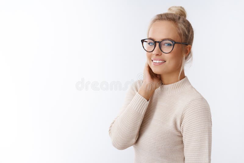 Tenderness, sensuality and beauty concept. Beautiful gentle and stylish young woman with pure clear skin wearing glasses royalty free stock images Tenderness, sensuality and beauty concept. Beautiful gentle and stylish young woman with pure clear skin wearing glasses royalty free stock images