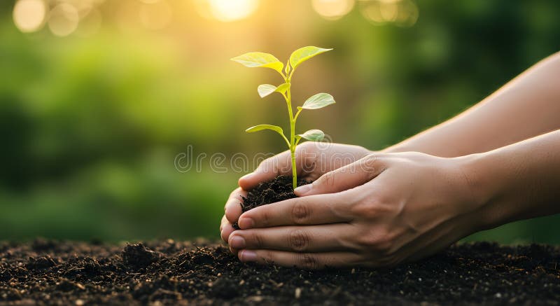 Tendre Mains Planter une écaille dans le sol riche au lever du soleil illustration stock
