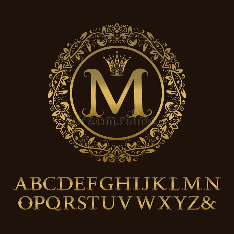 Tendrils gold letters with M initial monogram.