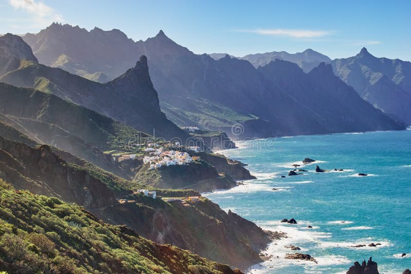 Tenerife, Canary Islands, Spain. Western coast view, mountain Anaga and costal village