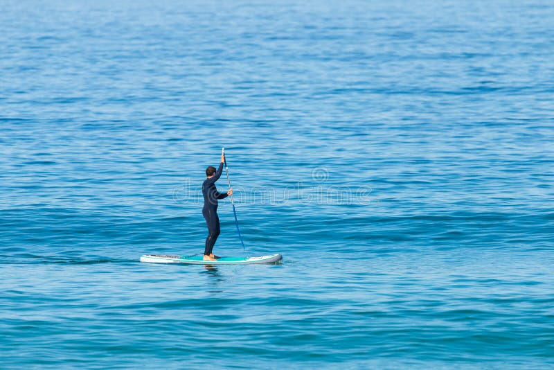 Tenez le pensionnaire de palette dans le wetsuit barbotant sur une mer Image minimaliste photos libres de droits Tenez le pensionnaire de palette dans le wetsuit barbotant sur une mer Image minimaliste photos libres de droits