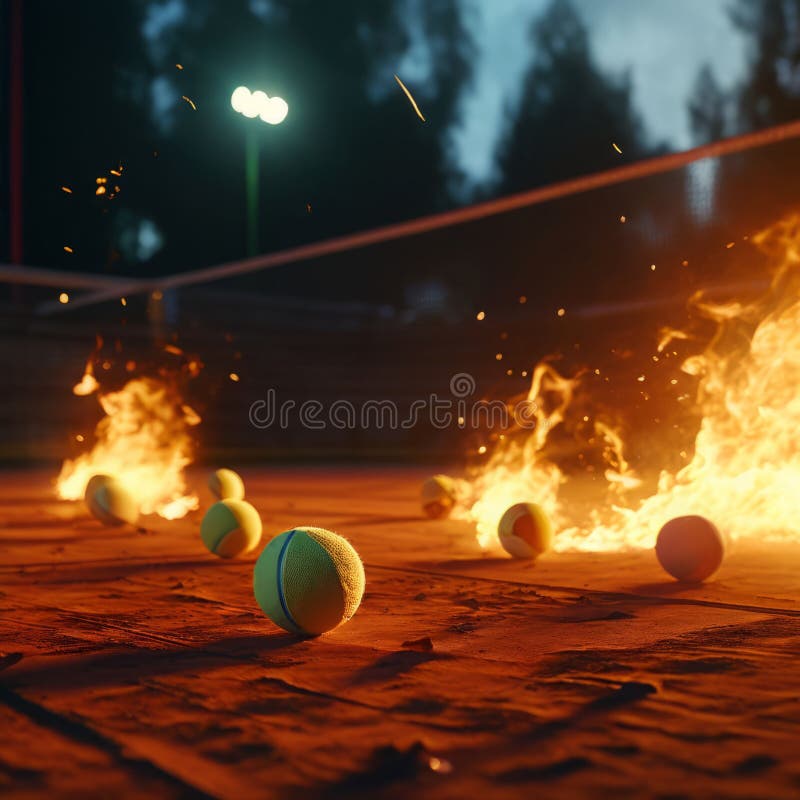 tennis a scene where players rally with flaming balls that leave trails of fire on the court. tennis a scene where players rally with flaming balls that leave trails of fire on the court