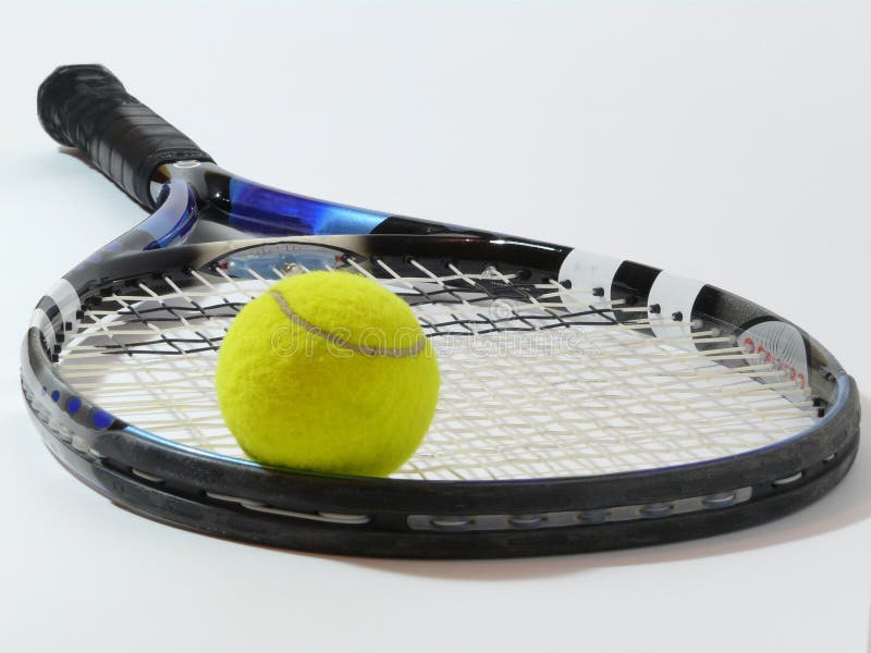 This is a tennis ball on a racket with a white background