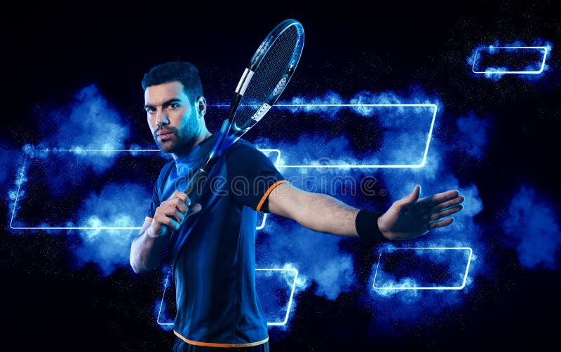 Tennis player banner on the black background. Tennis template for ads with copy space. Mockup for betting advertisement. Sports betting on teniss. Tennis player banner on the black background. Tennis template for ads with copy space. Mockup for betting advertisement. Sports betting on teniss