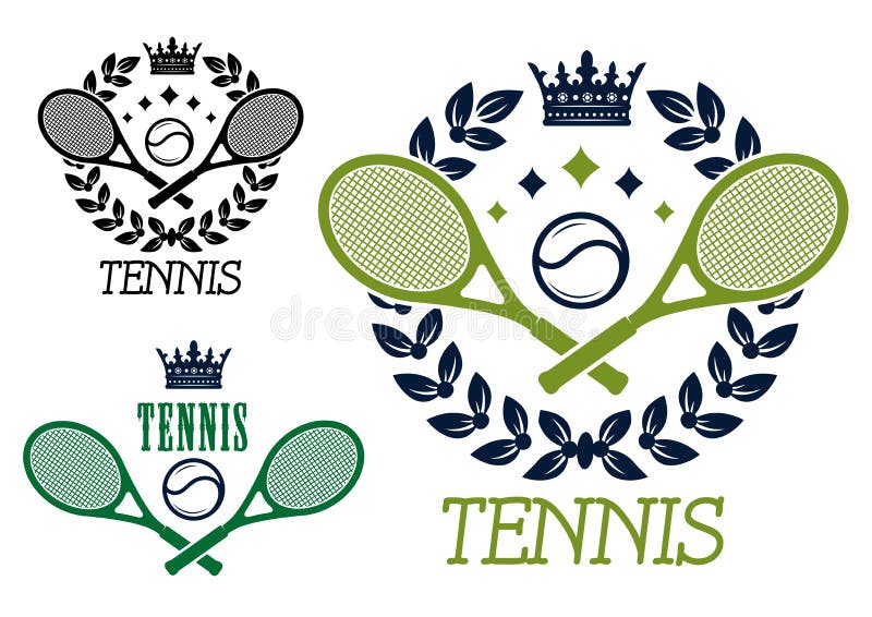 Tennis championship emblems or badges with crossed rackets and a ball inside a laurel wreath topped by a crown in two color variants with a third design without the wreath