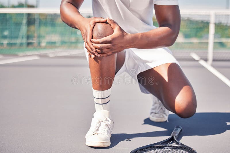 Tennis, hands and knee in sports injury, accident or bruise holding painful area for medical emergency on the court