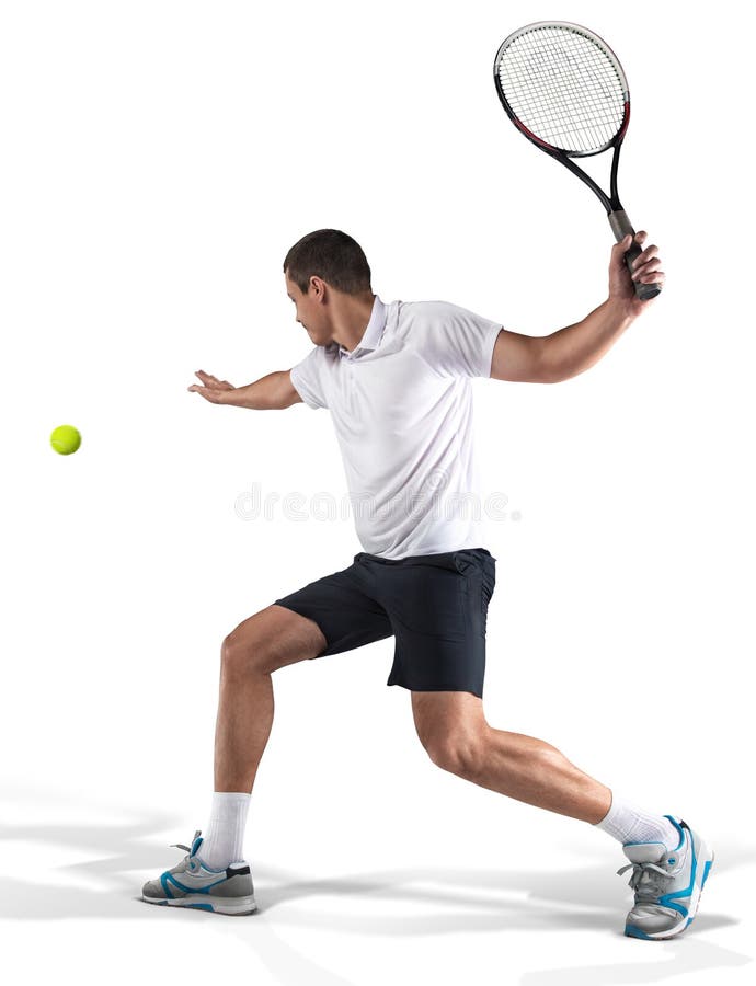 Tennis player hiting the ball isolated on white background