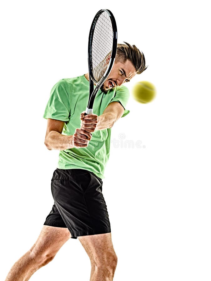 One caucasian man playing tennis player isolated on white background. One caucasian man playing tennis player isolated on white background