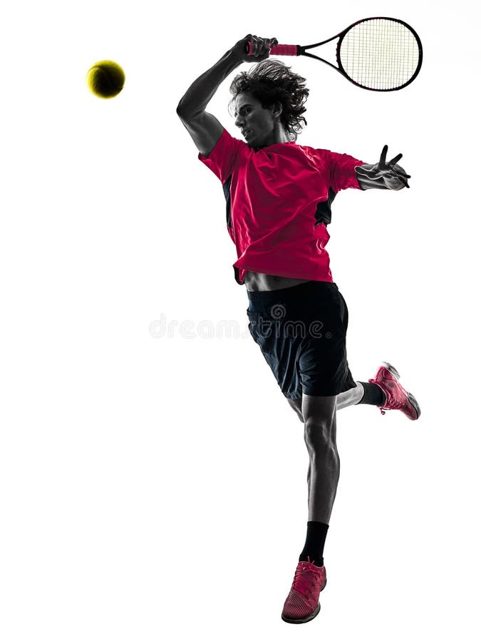 One caucasian hispanic tennis player man in studio silhouette isolated on white background. One caucasian hispanic tennis player man in studio silhouette isolated on white background