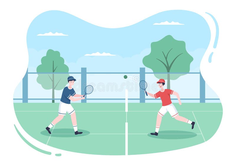 Tennis Player with Racket in Hand and Ball on Court. People doing Sports Match in Flat Cartoon Illustration stock illustration