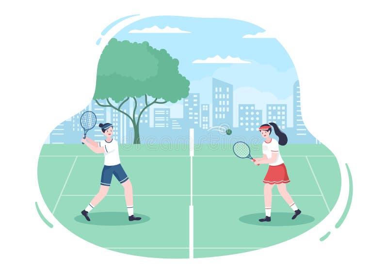 Tennis Player with Racket in Hand and Ball on Court. People doing Sports Match in Flat Cartoon Illustration royalty free illustration
