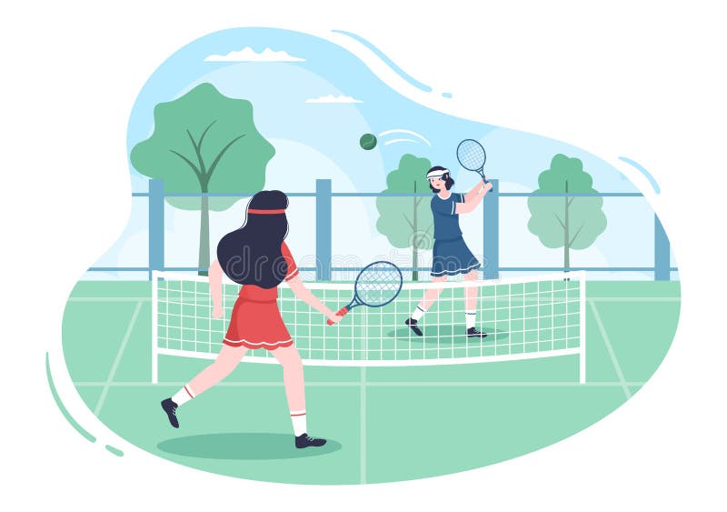 Tennis Player with Racket in Hand and Ball on Court. People doing Sports Match in Flat Cartoon Illustration royalty free illustration