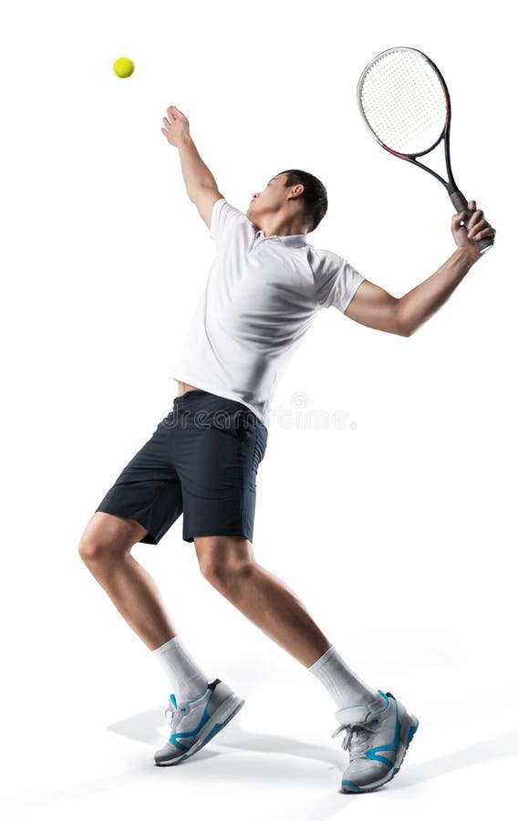 Tennis player serving the ball isolated on white background