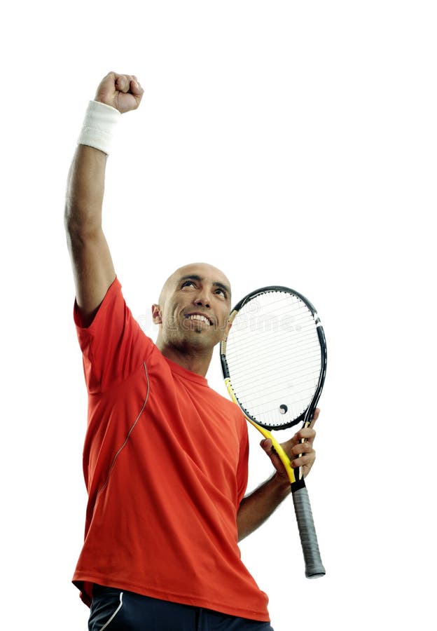 A portrait of a tanned sportive tennis player with a racket against white background. A portrait of a tanned sportive tennis player with a racket against white background.