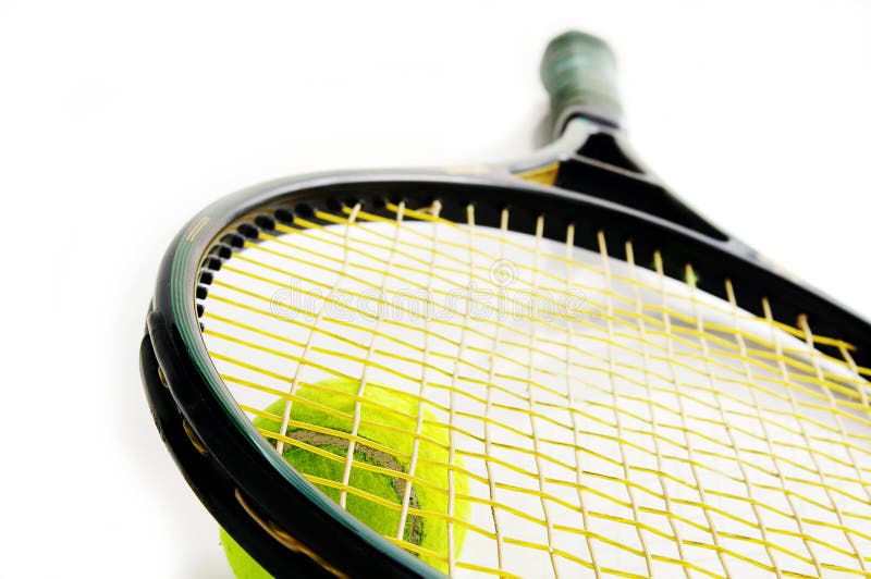 Closeup of a tennis racket and ball, on white