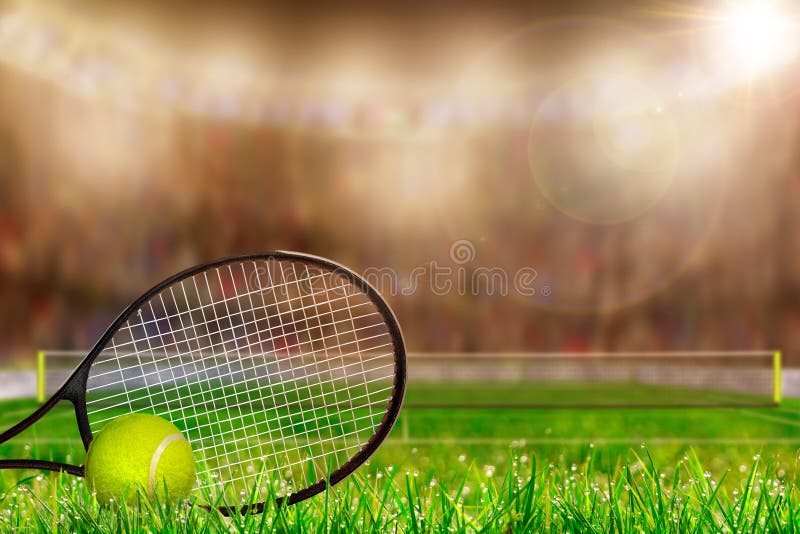 Tennis Racket and Ball on Grass Court With Copy Space stock image Tennis Racket and Ball on Grass Court With Copy Space stock image