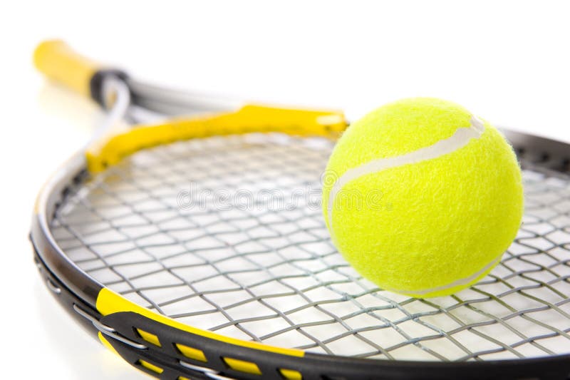 A tennis ball and racket on a white background. A tennis ball and racket on a white background