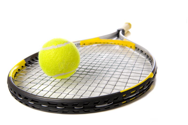 A tennis ball and racket on a white background. A tennis ball and racket on a white background