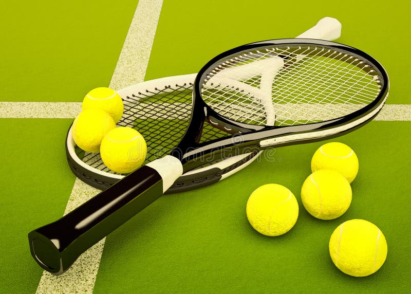 Tennis Rackets With Balls On Green Court Background Stock Image