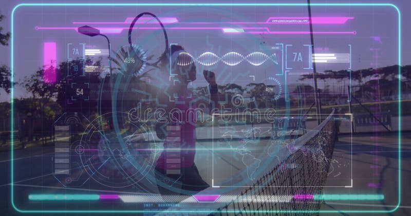 Tennis-spelare i domstol med futuristisk digital gränssnittsöverlägg animering lager videofilmer