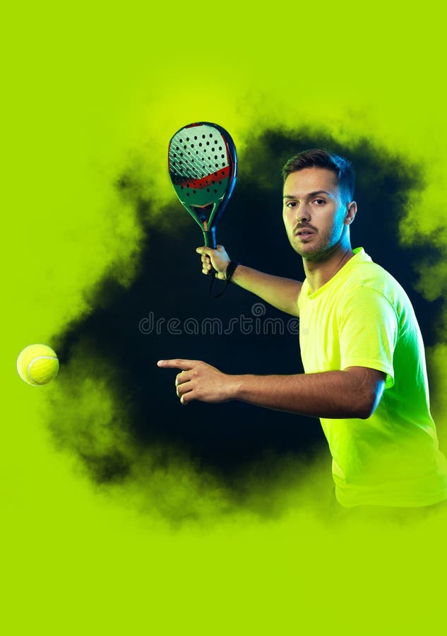 Padel tennis player with racket. Man athlete with racket on court with neon colors. Sport concept. Download a high quality photo for the design of a sports app or betting site. Padel tennis player with racket. Man athlete with racket on court with neon colors. Sport concept. Download a high quality photo for the design of a sports app or betting site