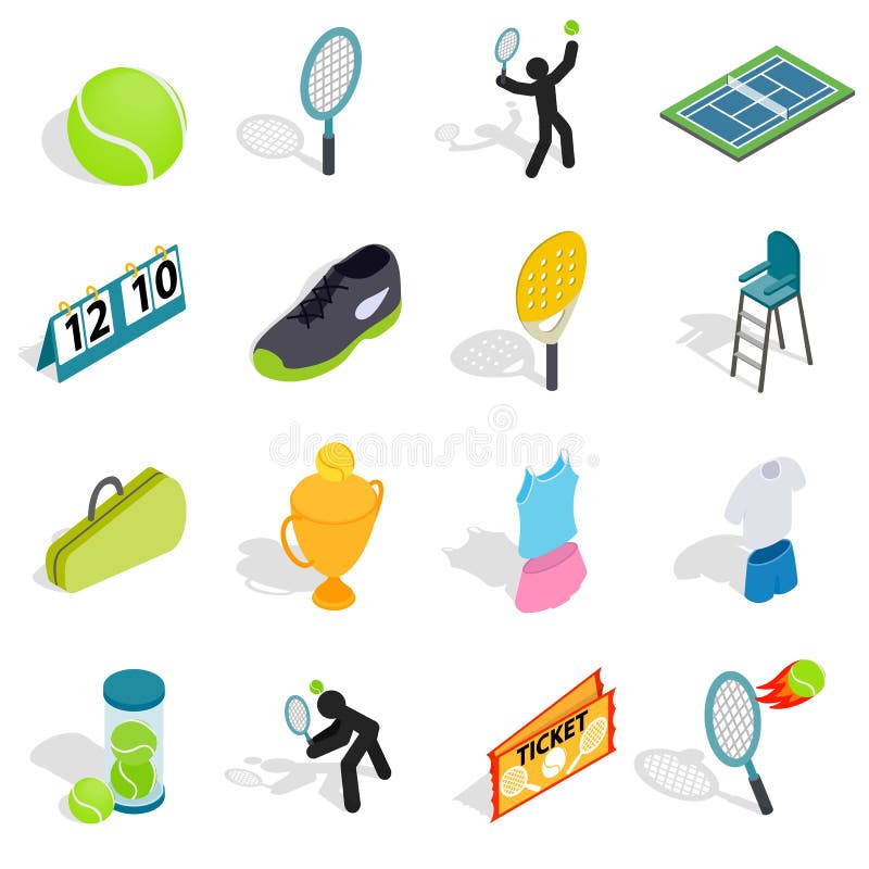 Tennispictogrammen in isometrische 3d stijl worden geplaatst die vector illustratie Tennispictogrammen in isometrische 3d stijl worden geplaatst die vector illustratie
