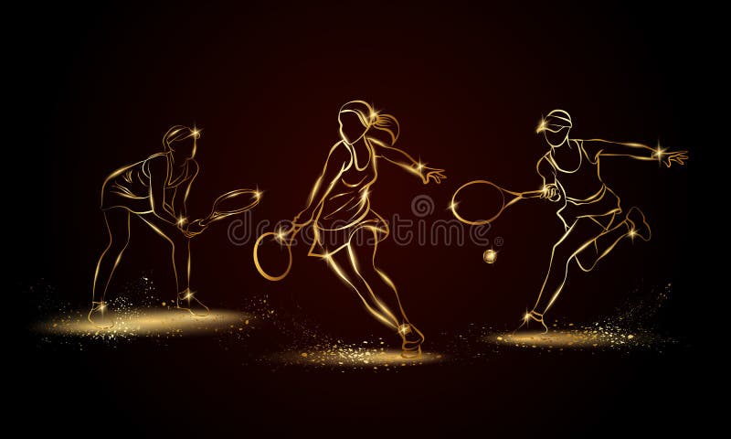 Tennisspelareuppsättning för yrkesmässig kvinna Guld- linjär tennisspelareillustration för sportbaner vektor illustrationer Tennisspelareuppsättning för yrkesmässig kvinna Guld- linjär tennisspelareillustration för sportbaner vektor illustrationer