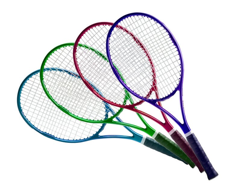 Tennisutrustning: färgrika racket som isoleras på vit fotografering för bildbyråer Tennisutrustning: färgrika racket som isoleras på vit fotografering för bildbyråer