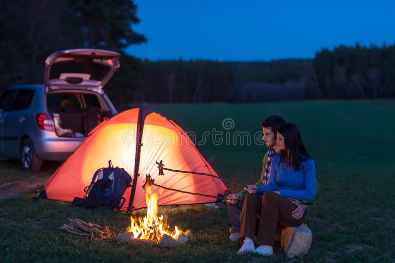 Tent Camping Car Couple Sitting by Bonfire Stock Image Image of happy, bonfire 24310619