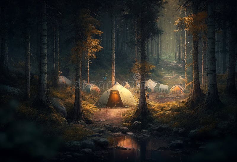 Tent City in the Forest. AI Generated Stock Image Image of serene, tent 284285729