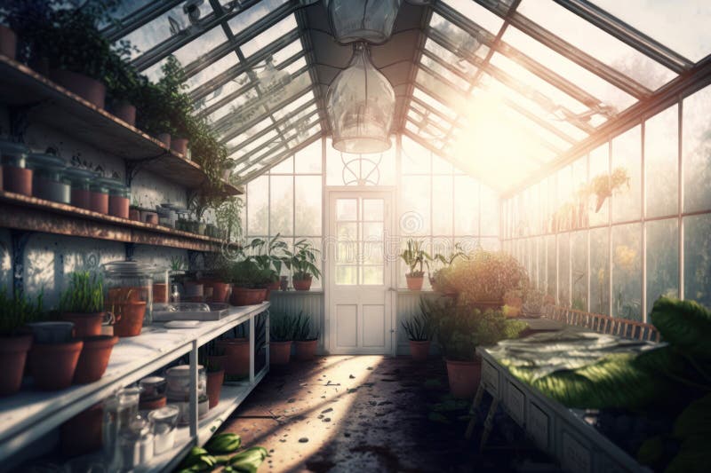 Tent Glass Greenhouse Interior with Plant Stock Illustration